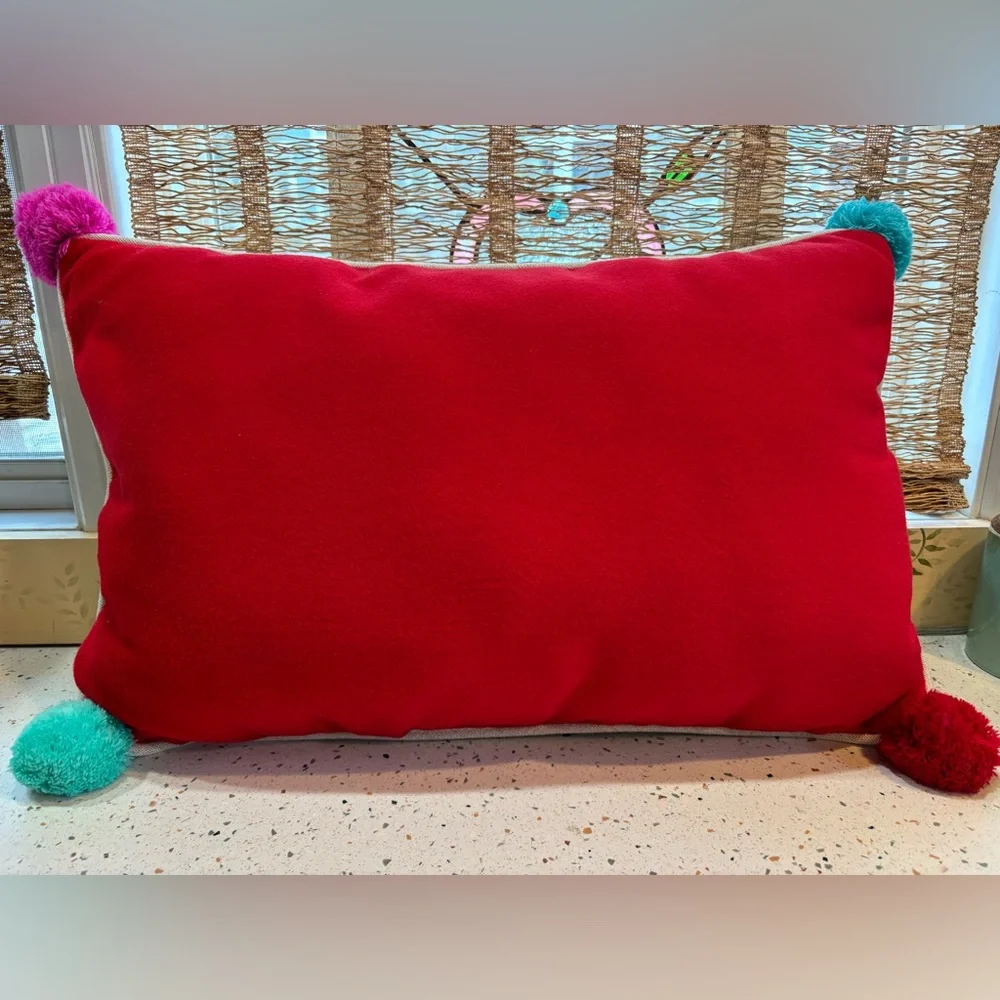 Festive 'MERRY' Holiday Pillow‎ with Colorful Pom-Poms